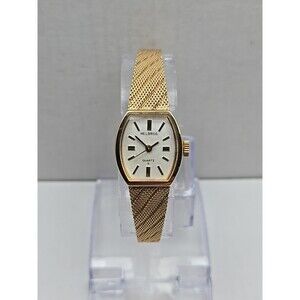Vintage Helbros Tonneau Gold Tone Mesh Bracelet Quartz Womens Watch New Battery
